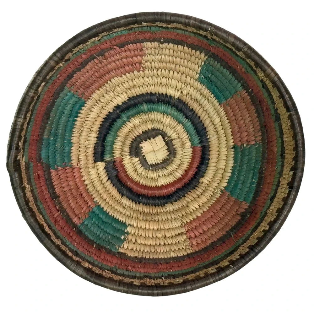 Vintage Hausa Multi-Colored Coiled Basket Handwoven Tribal Decorative 9.5